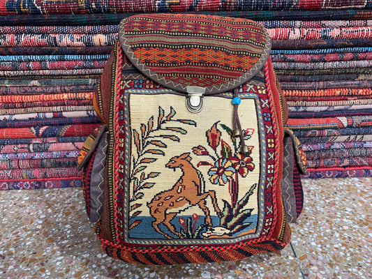 Vintage Pictorial Animal Backpack, Afghan Hand Knotted Backpack Rug, Knapsack Backpack Rug 0.8 x 1.4 ft Bag Pack, Travel Backpack Kilim Rug.