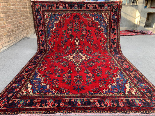 Collectors piece Geometric Vintage Rug Hand knotted Wool Rug, Caucasian design Rug Tribal Floral Rug Living Room Rug Dining Room Rug 7x10 ft