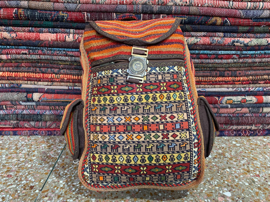 Vintage Afghan Pictorial Backpack, Hand Knotted Afghan Backpack Rug, Knapsack Backpack Rug, Bag Pack, Travel Backpack Kilim Rug 0.8x1.4 ft