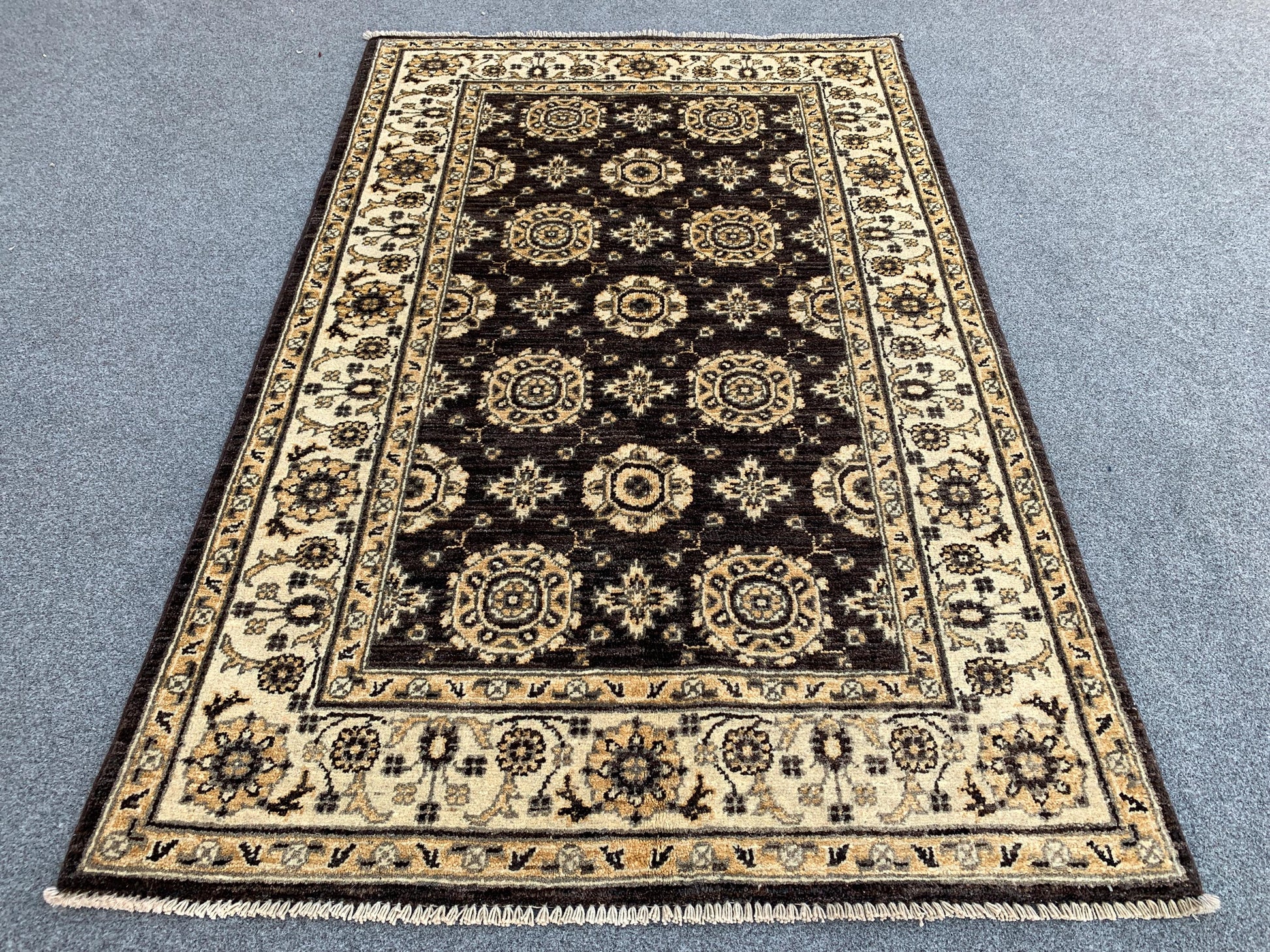 3x5 ft Afghan Black Beige Rug, Hand Knotted Wool Area Rug, Turkmen Traditional Rug, Chobi Rug Tekke design Rug, Home Decor Rug, Bedroom Rug.