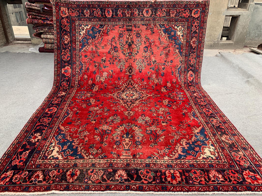 Vintage Collectors piece Rug, Hand knotted Wool Rug, One of a kind Floral Rug, Afghan Tribal Rug, Geometric Red Rug, Living Room Rug 7x10 ft