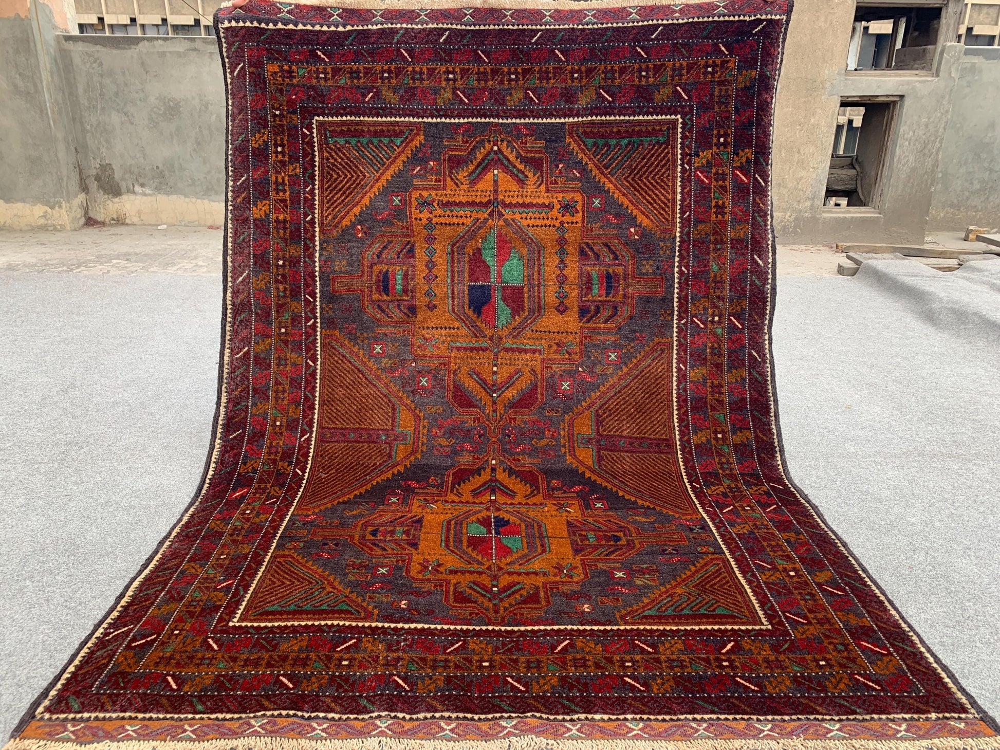 Vintage Geometric Rug, Famous Herati Baluchi Rug Afghan Hand Knotted Wool Rug, Black Dark Gold Rug Oriental Rug, Living Room Bedroom Rug 4x6