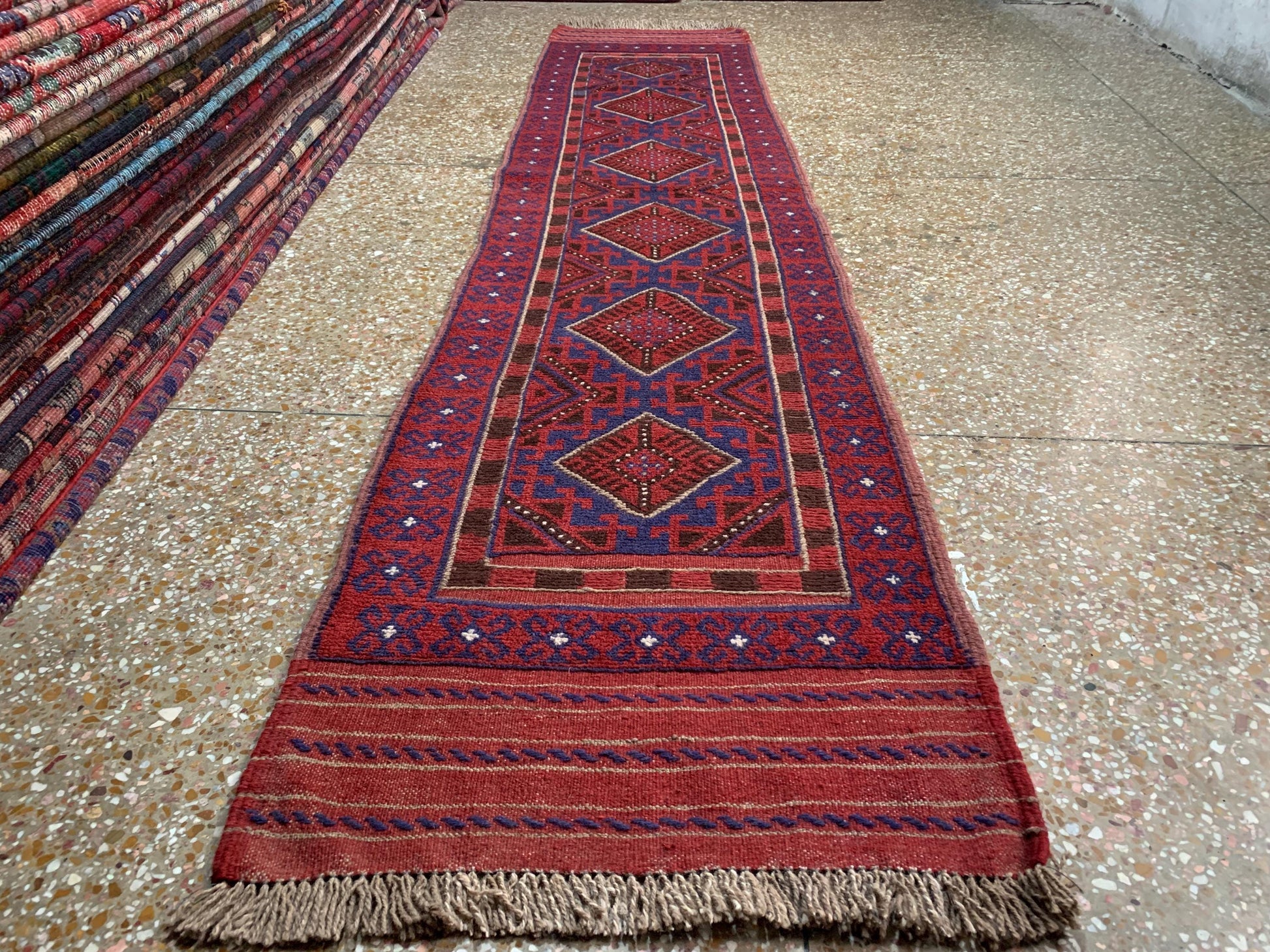 Famous Mashwani Runner Kilim Rug 2x9 ft Afghan Hand Knotted Wool Rug, New Herati Mashwani Kilim Rug, Geometric Kilim Rug Hallway Runner Rug.