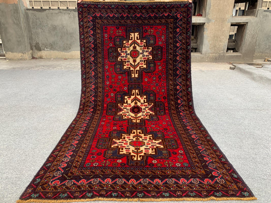 Vintage Herati Baluchi Rug, Handmade Wool Rug, Geometric Area Rug, Red Navy Blue Afghan Rug. Home Decor Rug, Living Room Bedroom Rug 4x6 ft