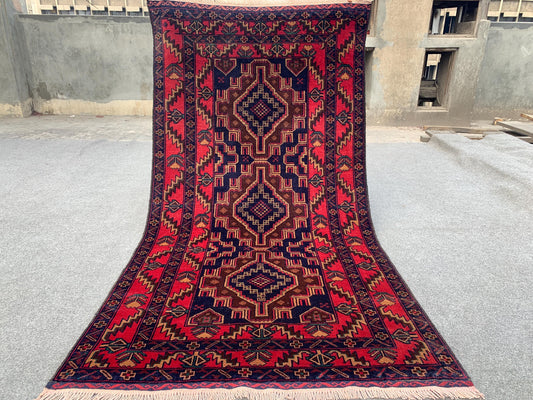 Famous Herati Baluchi Rug, Handmade Wool Rug, Vintage Afghan Rug Geometric Area Rug, Red Navy Blue Brown Rug. Living Room Bedroom Rug 4x6 ft