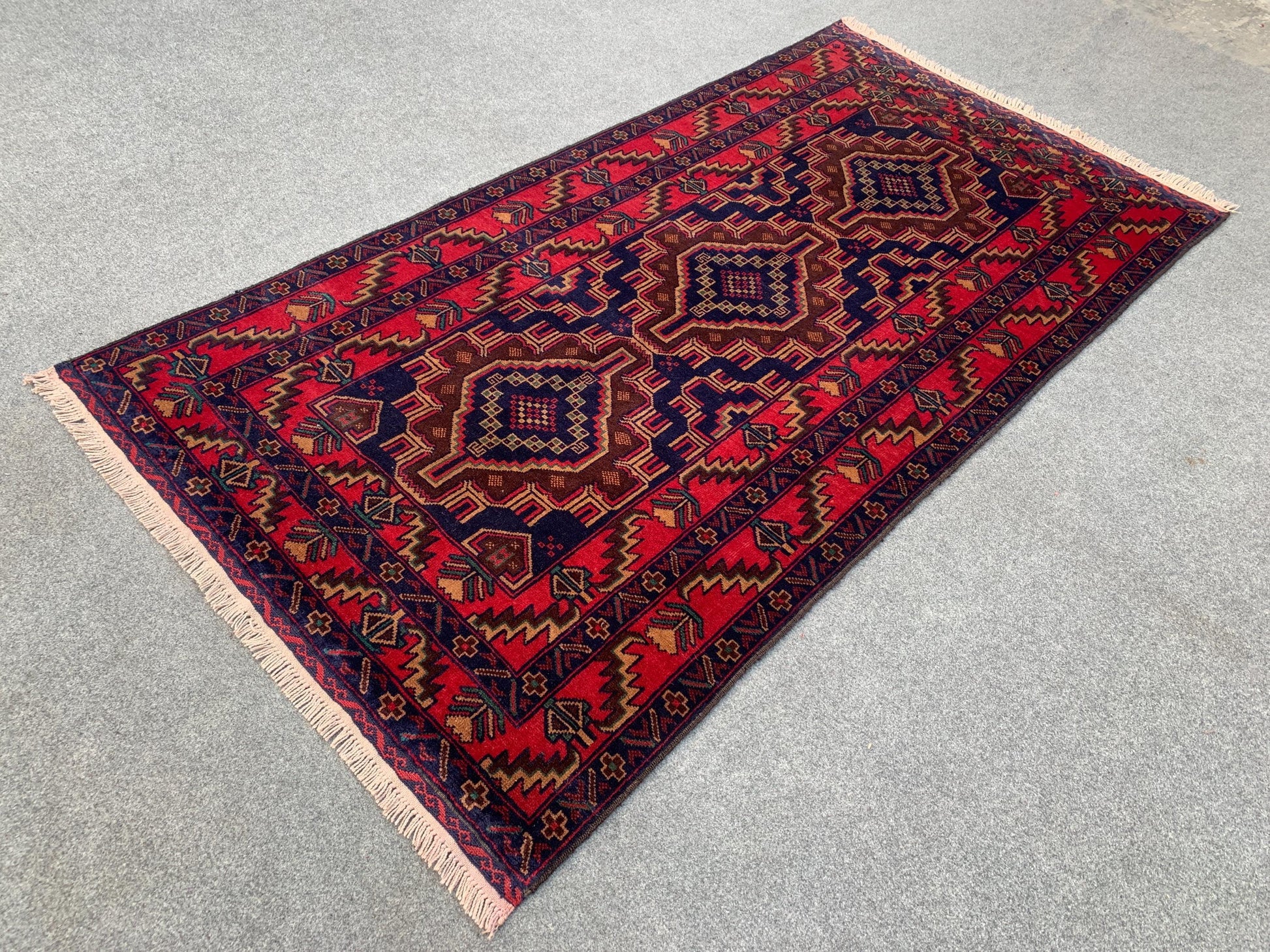 Famous Herati Baluchi Rug, Handmade Wool Rug, Vintage Afghan Rug Geometric Area Rug, Red Navy Blue Brown Rug. Living Room Bedroom Rug 4x6 ft