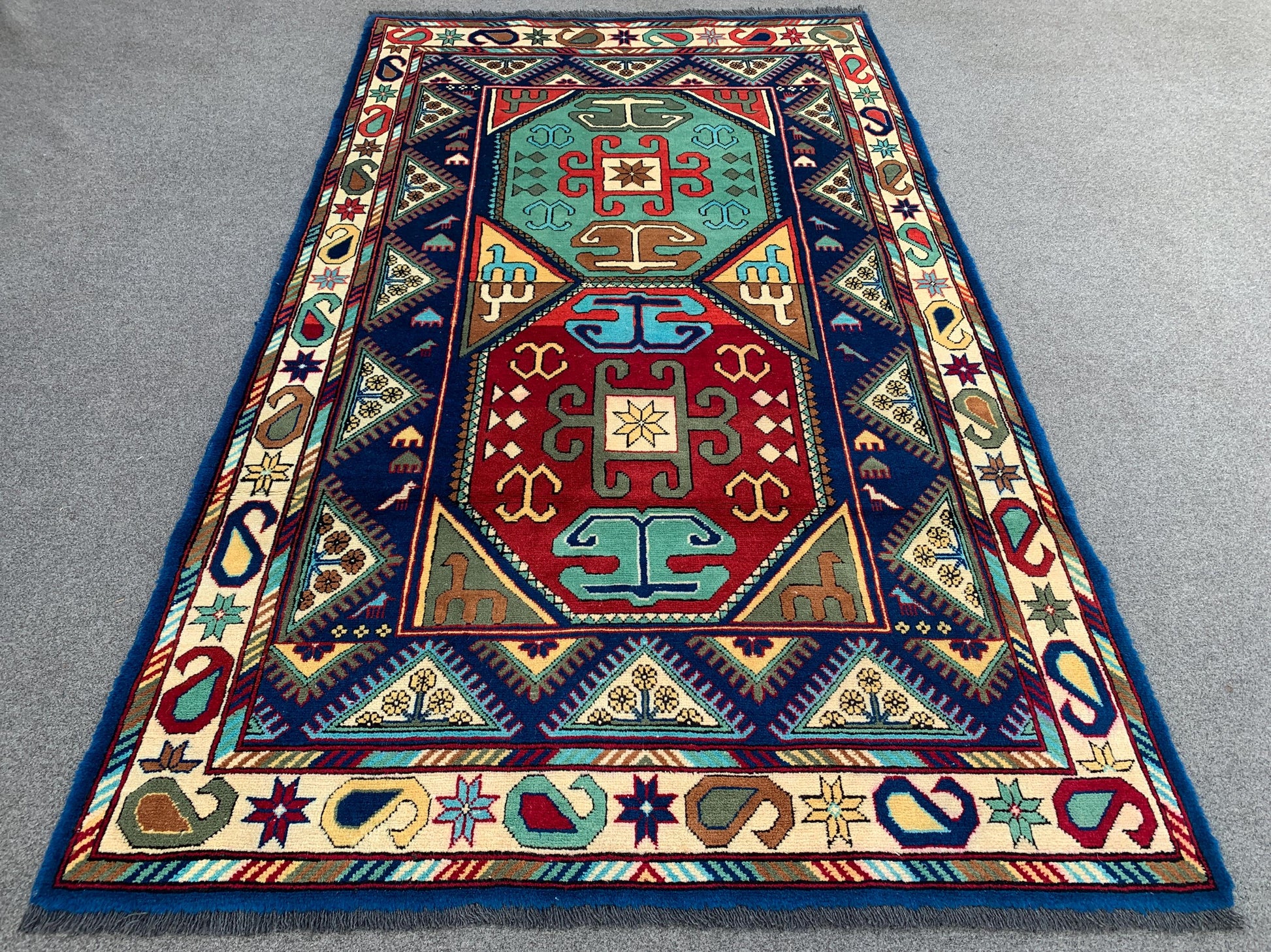 Afghan Geometric Peshawari Kazak Rug, Hand Knotted Wool Rug, Turkmen Tribal Rug, Oriental Rug Home Decor Rug, Bedroom Living Room Rug 4x7 ft