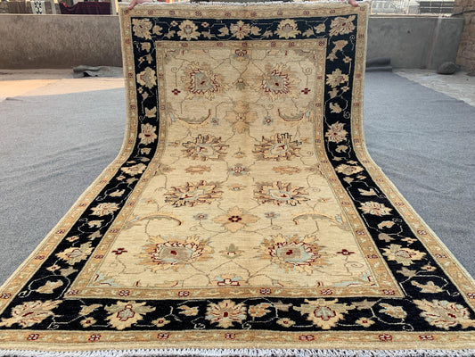 Beige Black Afghan Floral Rug, Hand Knotted Wool Area Rug, Traditional Turkmen Rug, Home Decor Rug, Rugs for Bedroom Living Room Rug 4x6 ft