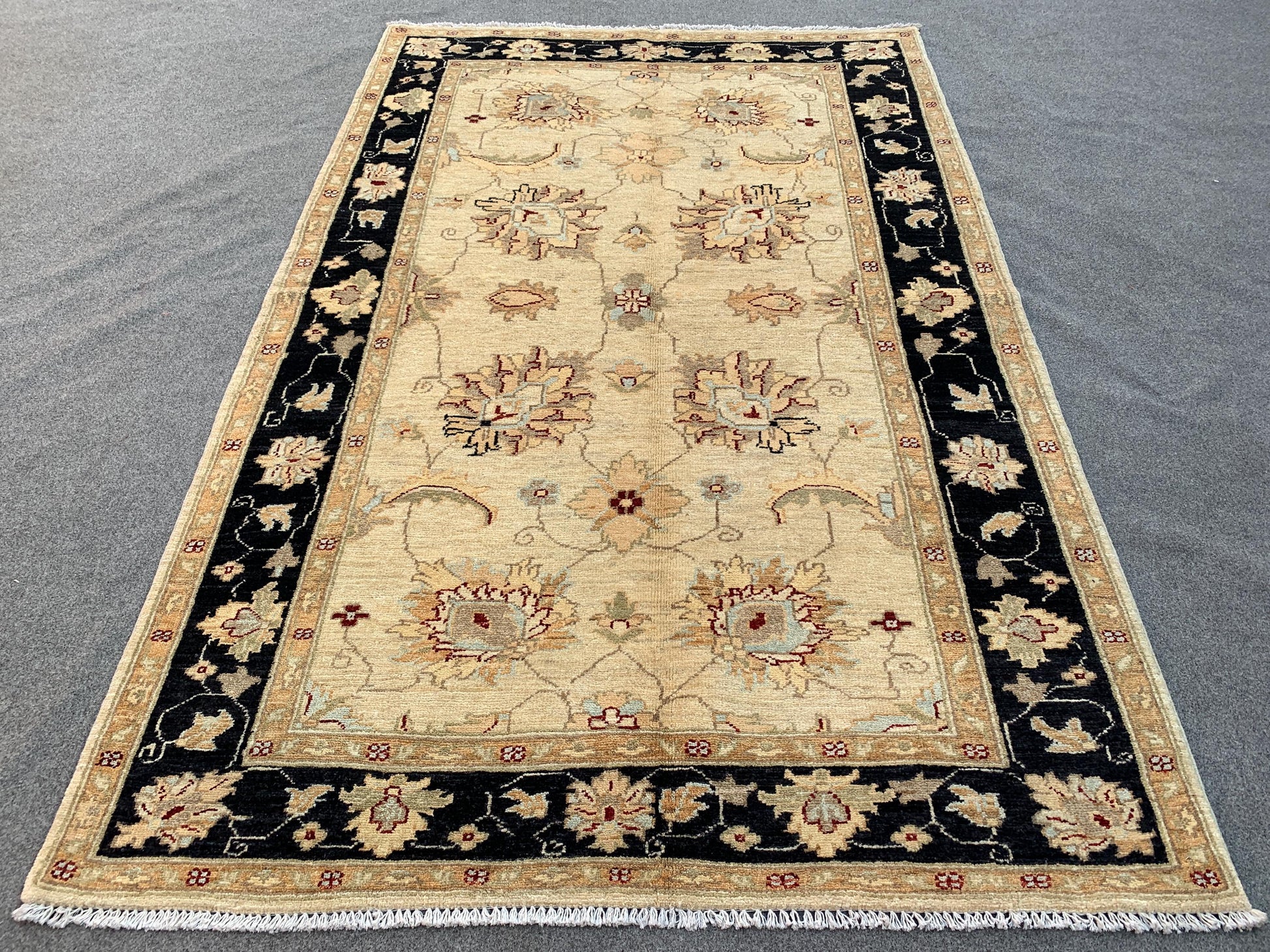 Beige Black Afghan Floral Rug, Hand Knotted Wool Area Rug, Traditional Turkmen Rug, Home Decor Rug, Rugs for Bedroom Living Room Rug 4x6 ft