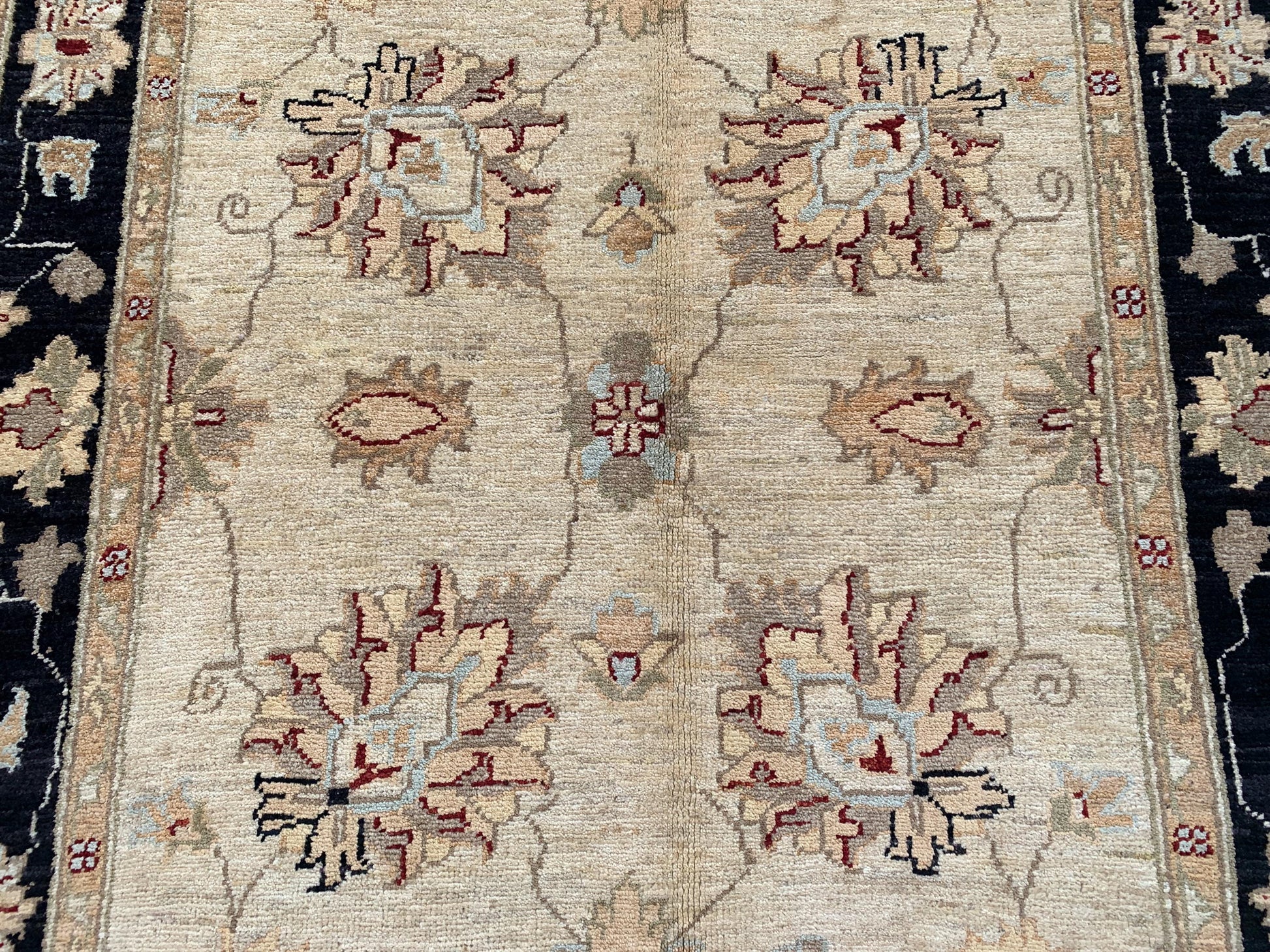 Beige Black Afghan Floral Rug, Hand Knotted Wool Area Rug, Traditional Turkmen Rug, Home Decor Rug, Rugs for Bedroom Living Room Rug 4x6 ft