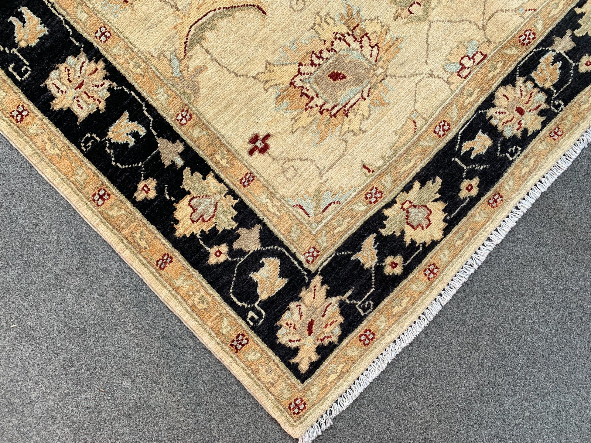 Beige Black Afghan Floral Rug, Hand Knotted Wool Area Rug, Traditional Turkmen Rug, Home Decor Rug, Rugs for Bedroom Living Room Rug 4x6 ft