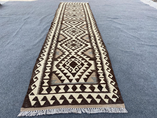 Geometric Maimana Sumak Kilim Runner Rug, Afghan Hand Knotted Rug, Flatweave Kilim Rug Natural Kilim Rug, Bedroom Hallway Runner Rug 3x10 ft