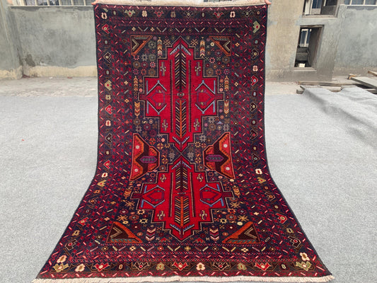 Vintage Baluchi Rug 4x6 ft Hand Knotted Wool Rug. Geometric Area Rug, Afghan Tribal Rug, One of a kind Herati Rug, Living Room Bedroom Rug.