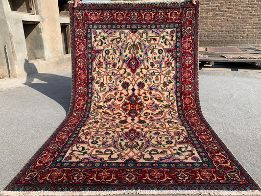 Vintage Turkish design Rug Hand Knotted Wool Rug, Beige Red Rug Geometric Area Rug One of a kind Rug, Home Decor Bedroom Living Room Rug 4x6