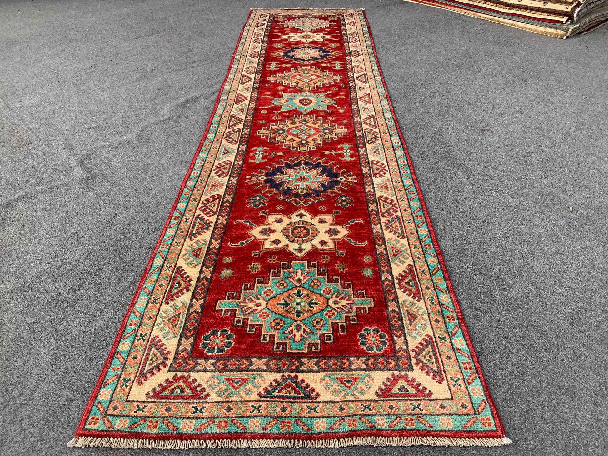 Afghan Kazak Runner Rug, Hand Knotted Wool Rug, Red Kazak Geometric Area Rug, Home Decor Rug, Bedroom Runner Rug, Hallway Runner Rug 3x10 ft