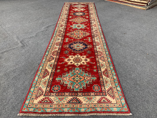 Afghan Kazak Runner Rug, Hand Knotted Wool Rug, Red Kazak Geometric Area Rug, Home Decor Rug, Bedroom Runner Rug, Hallway Runner Rug 3x10 ft