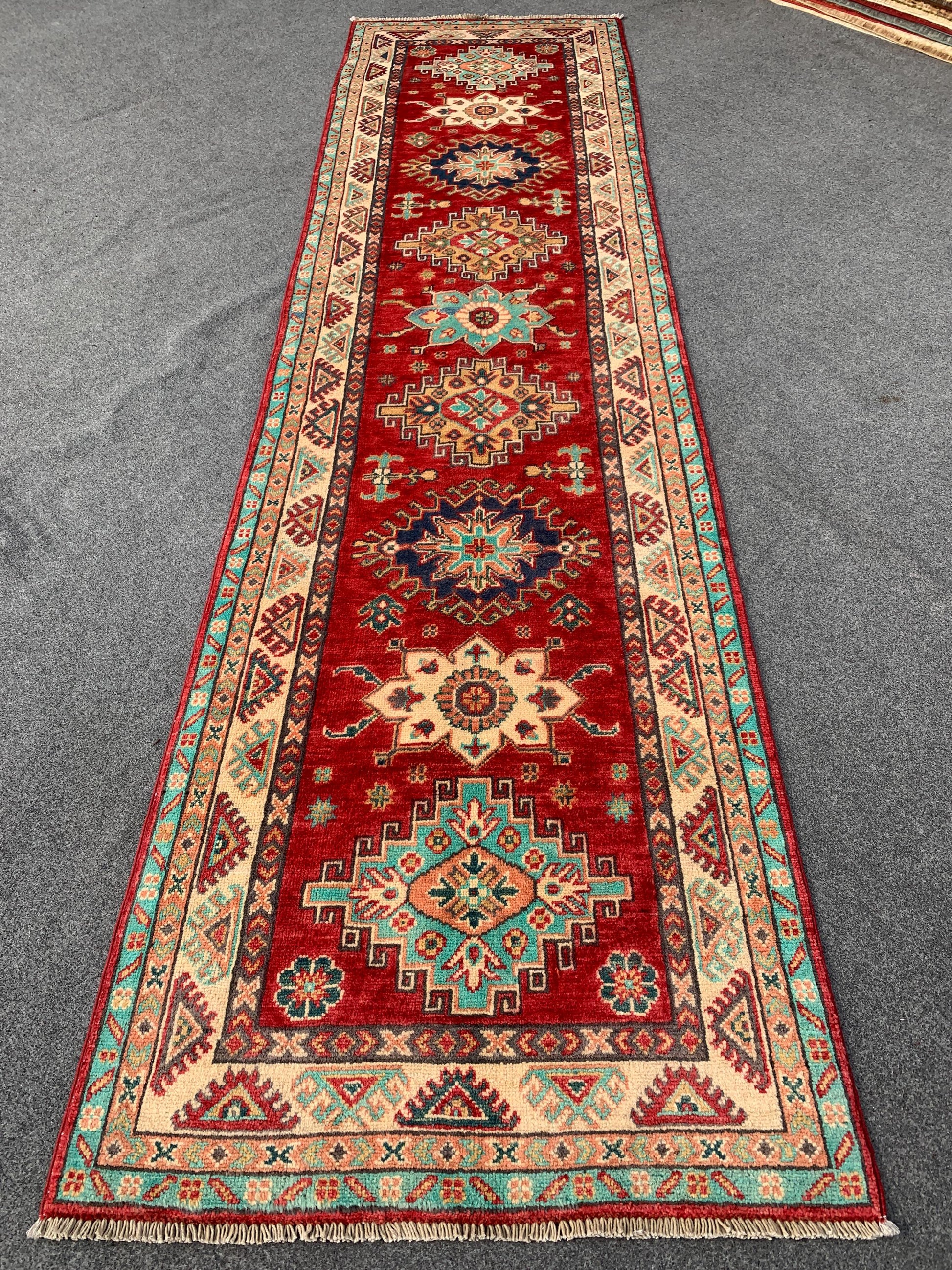 Afghan Kazak Runner Rug, Hand Knotted Wool Rug, Red Kazak Geometric Area Rug, Home Decor Rug, Bedroom Runner Rug, Hallway Runner Rug 3x10 ft