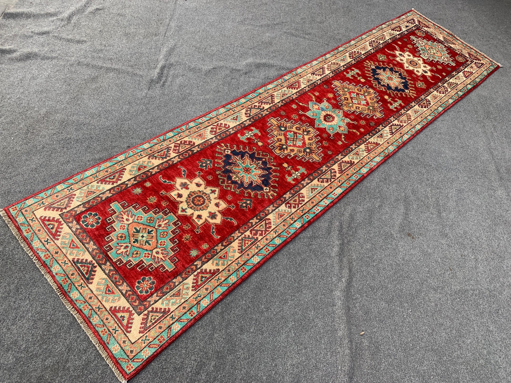 Afghan Kazak Runner Rug, Hand Knotted Wool Rug, Red Kazak Geometric Area Rug, Home Decor Rug, Bedroom Runner Rug, Hallway Runner Rug 3x10 ft