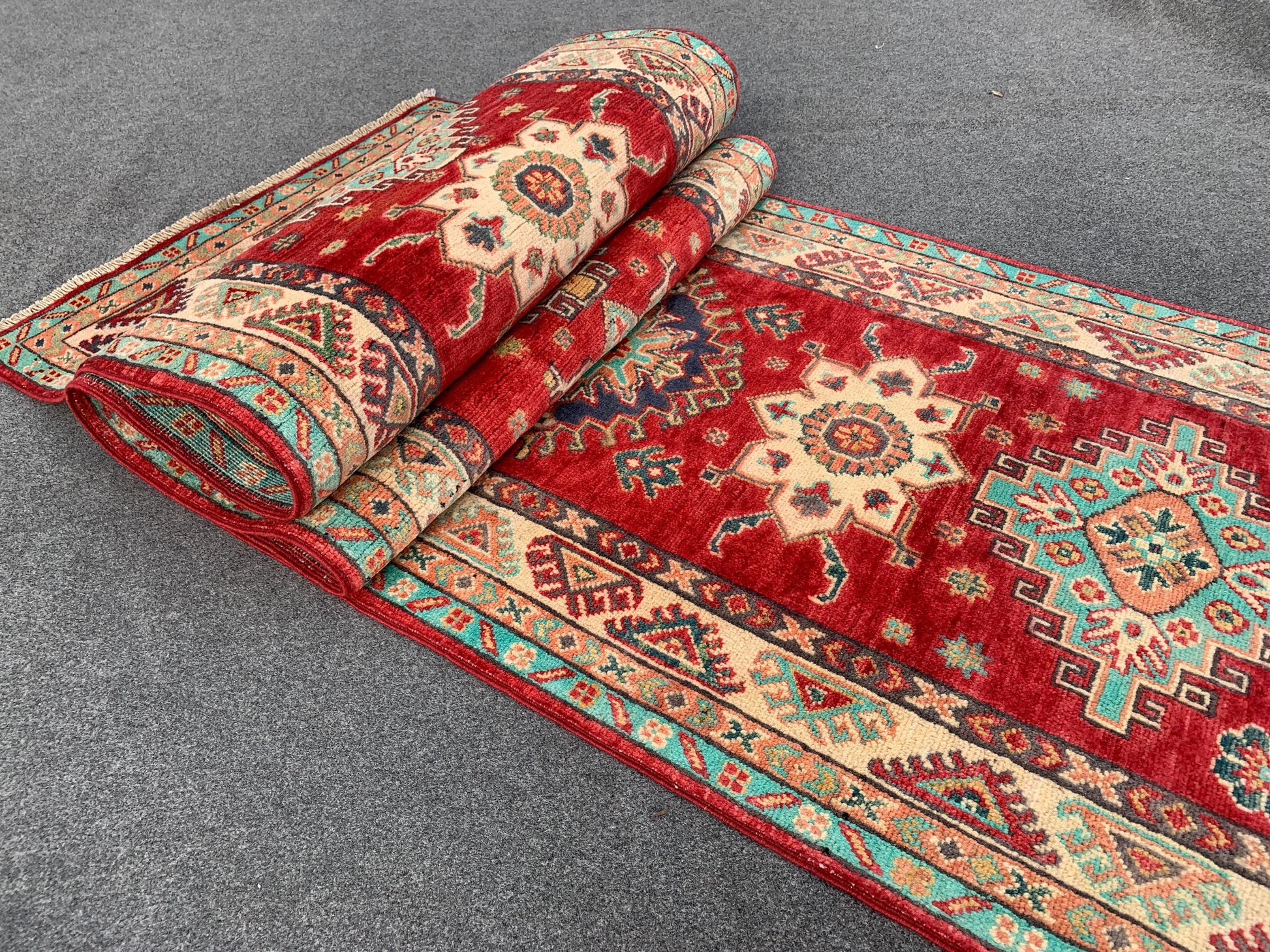 Afghan Kazak Runner Rug, Hand Knotted Wool Rug, Red Kazak Geometric Area Rug, Home Decor Rug, Bedroom Runner Rug, Hallway Runner Rug 3x10 ft