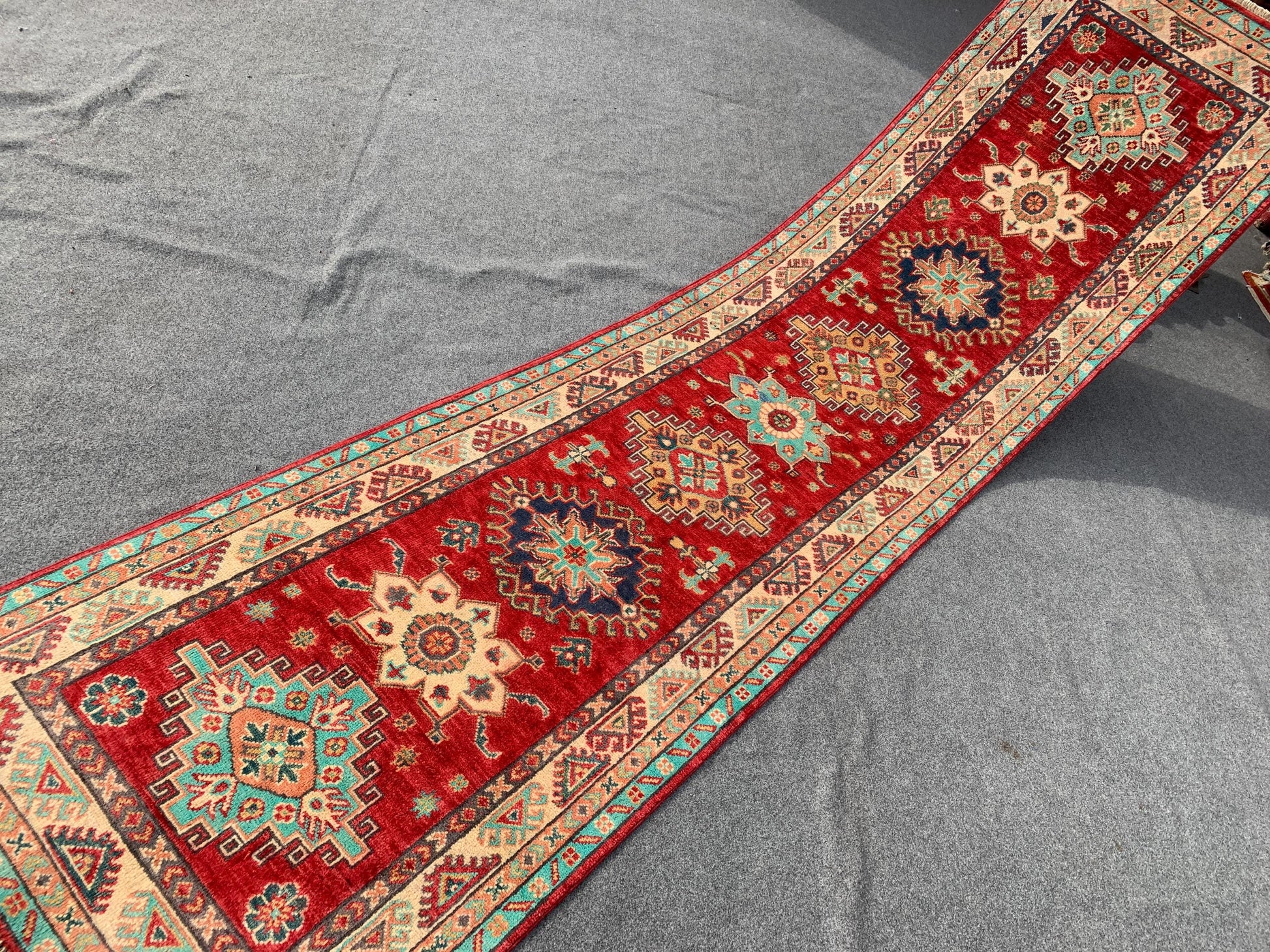 Afghan Kazak Runner Rug, Hand Knotted Wool Rug, Red Kazak Geometric Area Rug, Home Decor Rug, Bedroom Runner Rug, Hallway Runner Rug 3x10 ft