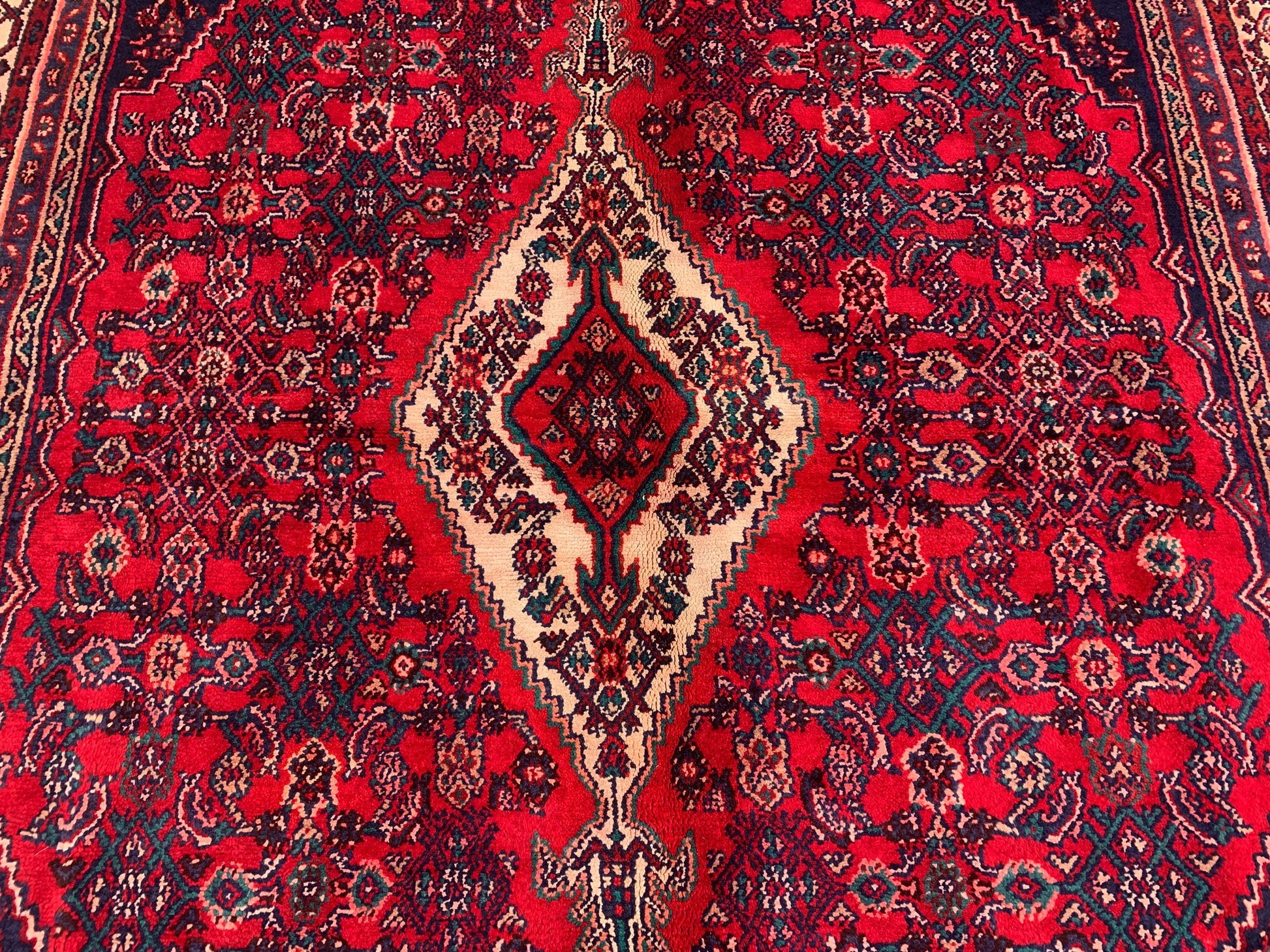 7x10 ft Vintage Caucasian design Rug, Hand Knotted Wool Area Rug, Red Afghan Tribal Rug Geometric Rug, Collectors piece Rug Living Room Rug.