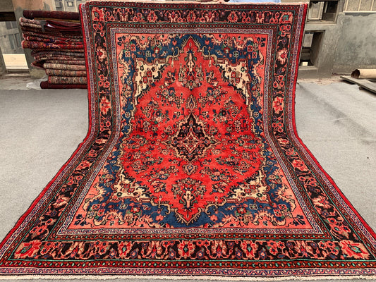 Vintage Afghan Floral Rug 7x10 ft Caucasian design Rug, Handmade Wool Rug Geometric Rug, Turkmen Tribal Rug, Home Decor Rug Living Room Rug.