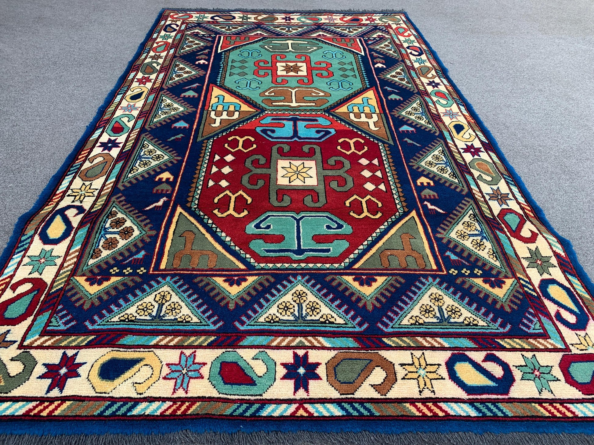 Afghan Geometric Peshawari Kazak Rug, Hand Knotted Wool Rug, Turkmen Tribal Rug, Oriental Rug Home Decor Rug, Bedroom Living Room Rug 4x7 ft
