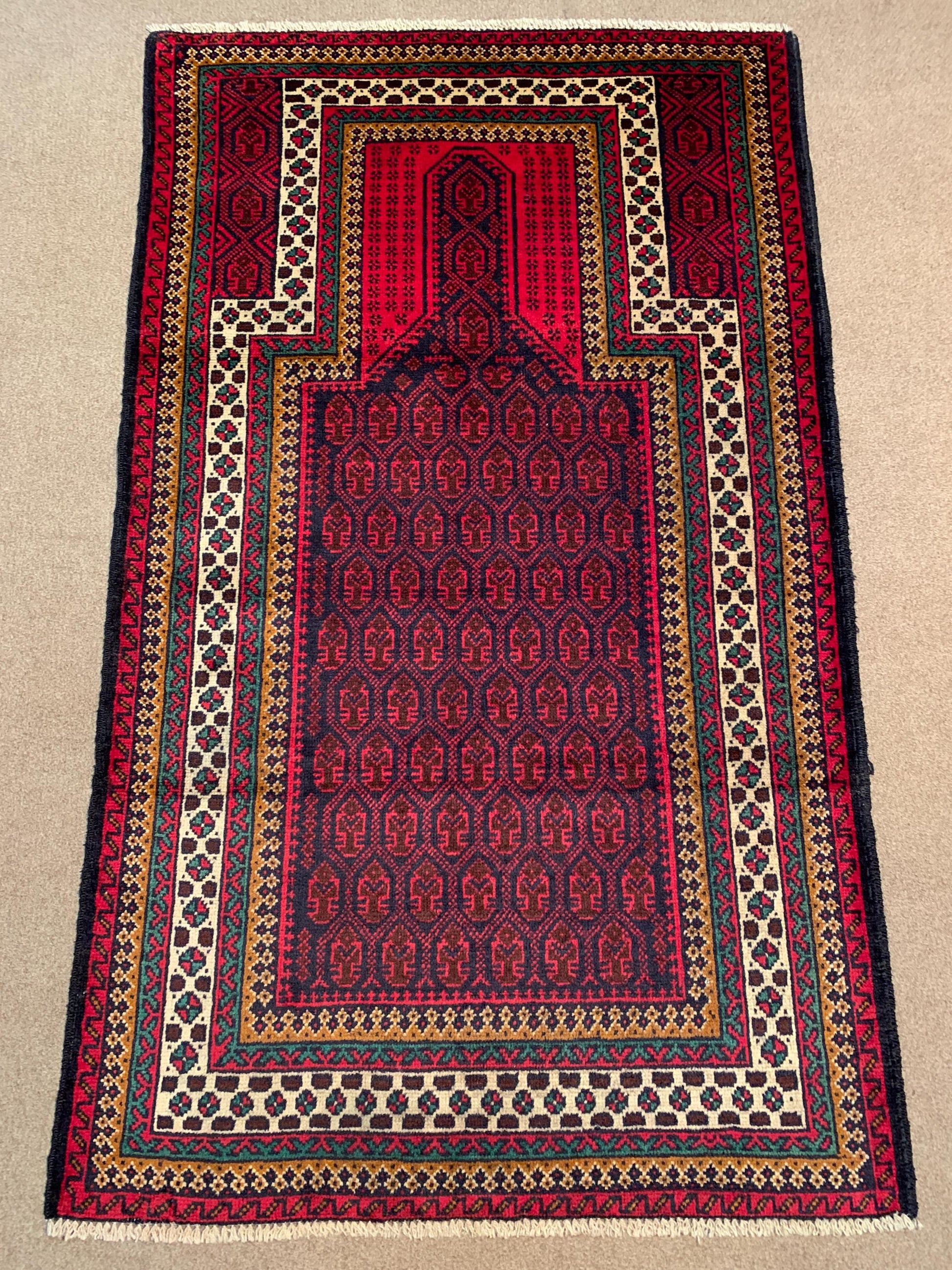Vintage Prayer Rug 3x5 ft Afghan Hand Knotted Rug, Muslim Prayer Rug Turkmen Tribal Rug, Oriental Wool Rug, Prayer Mat Rug Wall Hanging Rug.