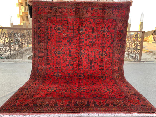 Afghan Bukhara design Rug 6x7 ft Red Khal Mohammadi Rug, Hand Knotted Wool Rug, High Pile Oriental Rug Home Decor Bedroom Living Room Rug.