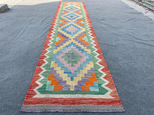 Maimana Runner sumak Kilim Rug 3x13 ft Afghan Hand woven Kilim Rug, Geometric Kilim Rug, Modern Art Rug, Home Decor Rug, Hallway Runner Rug.