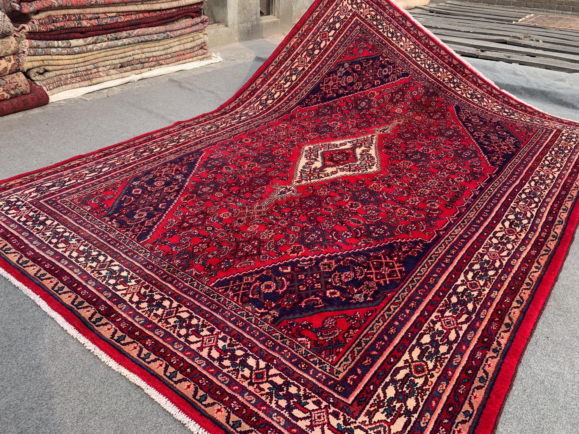 7x10 ft Vintage Caucasian design Rug, Hand Knotted Wool Area Rug, Red Afghan Tribal Rug Geometric Rug, Collectors piece Rug Living Room Rug.