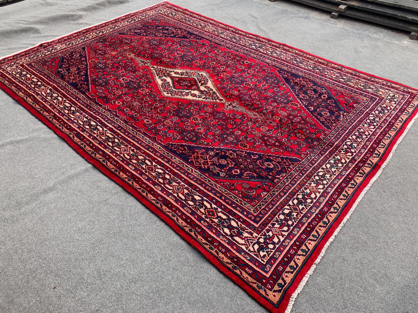 7x10 ft Vintage Caucasian design Rug, Hand Knotted Wool Area Rug, Red Afghan Tribal Rug Geometric Rug, Collectors piece Rug Living Room Rug.