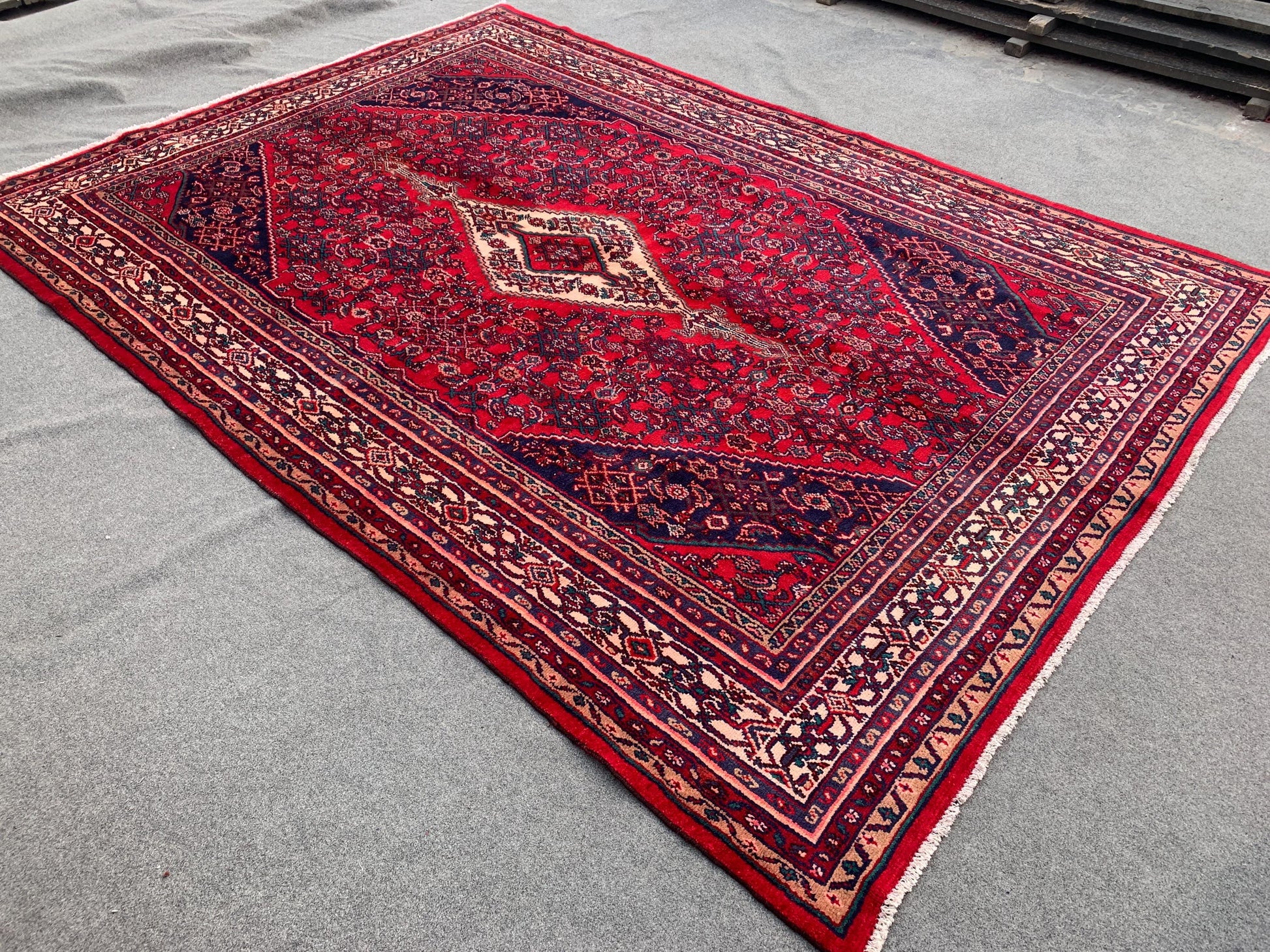 7x10 ft Vintage Caucasian design Rug, Hand Knotted Wool Area Rug, Red Afghan Tribal Rug Geometric Rug, Collectors piece Rug Living Room Rug.