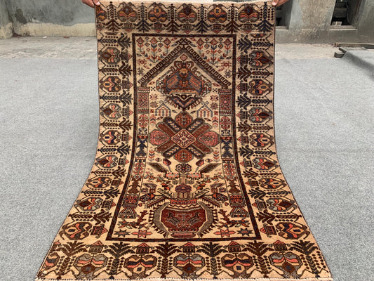 One of a kind Vintage Rug 3x4 ft Afghan Florals Rug, Turkmen Hand Knotted Wool Rug, Tribal Baluchi Rug, Antique Floral Rug Living Room Rug.