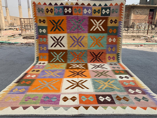 Afghan Maimana Soumak Kilim Rug 7x10 Hand Knotted Soumak Rug, Checkered design Rug, Home Decoration Rug Colorful Soumak Rug Living Room Rug.