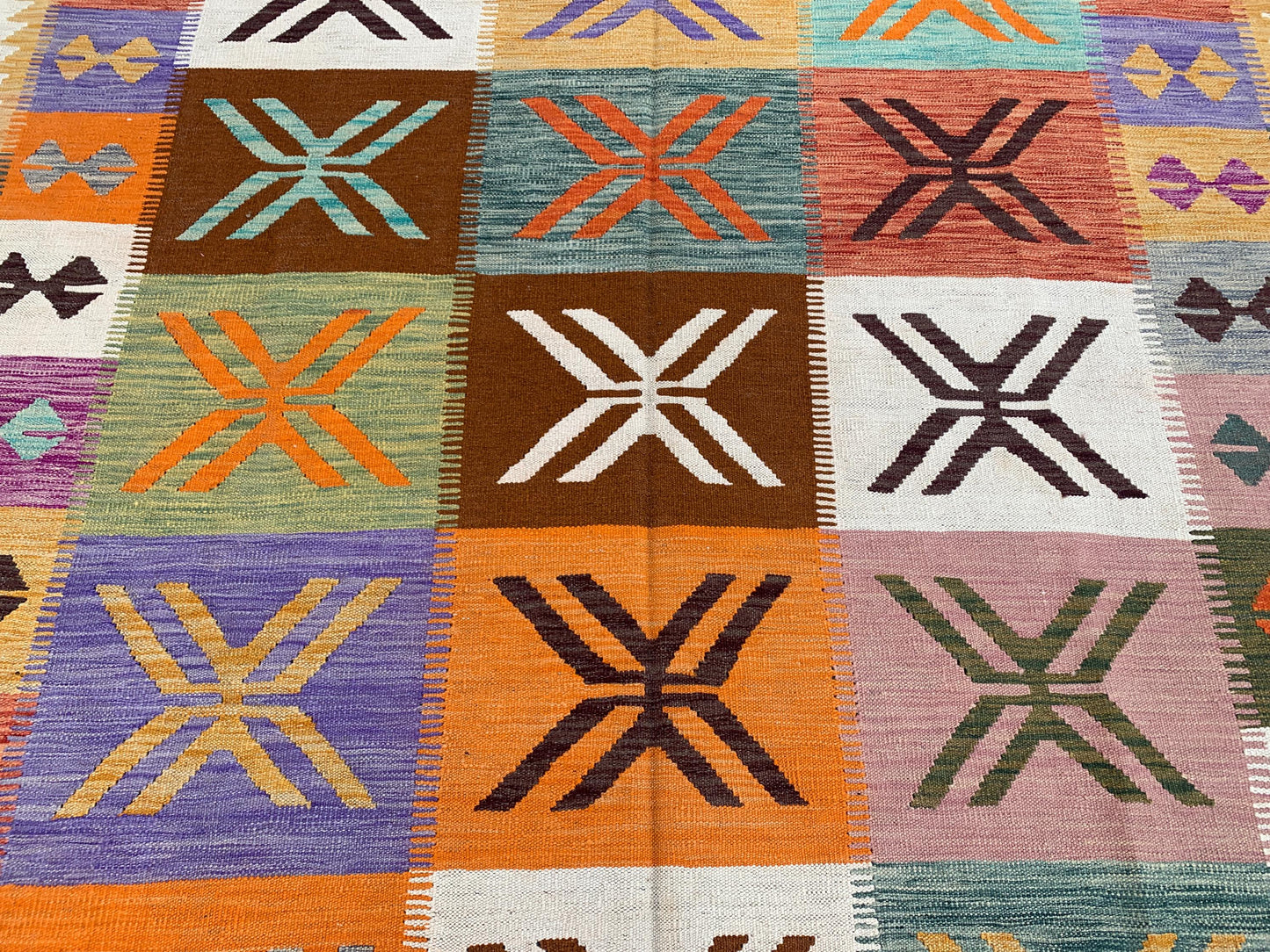 Afghan Maimana Soumak Kilim Rug 7x10 Hand Knotted Soumak Rug, Checkered design Rug, Home Decoration Rug Colorful Soumak Rug Living Room Rug.