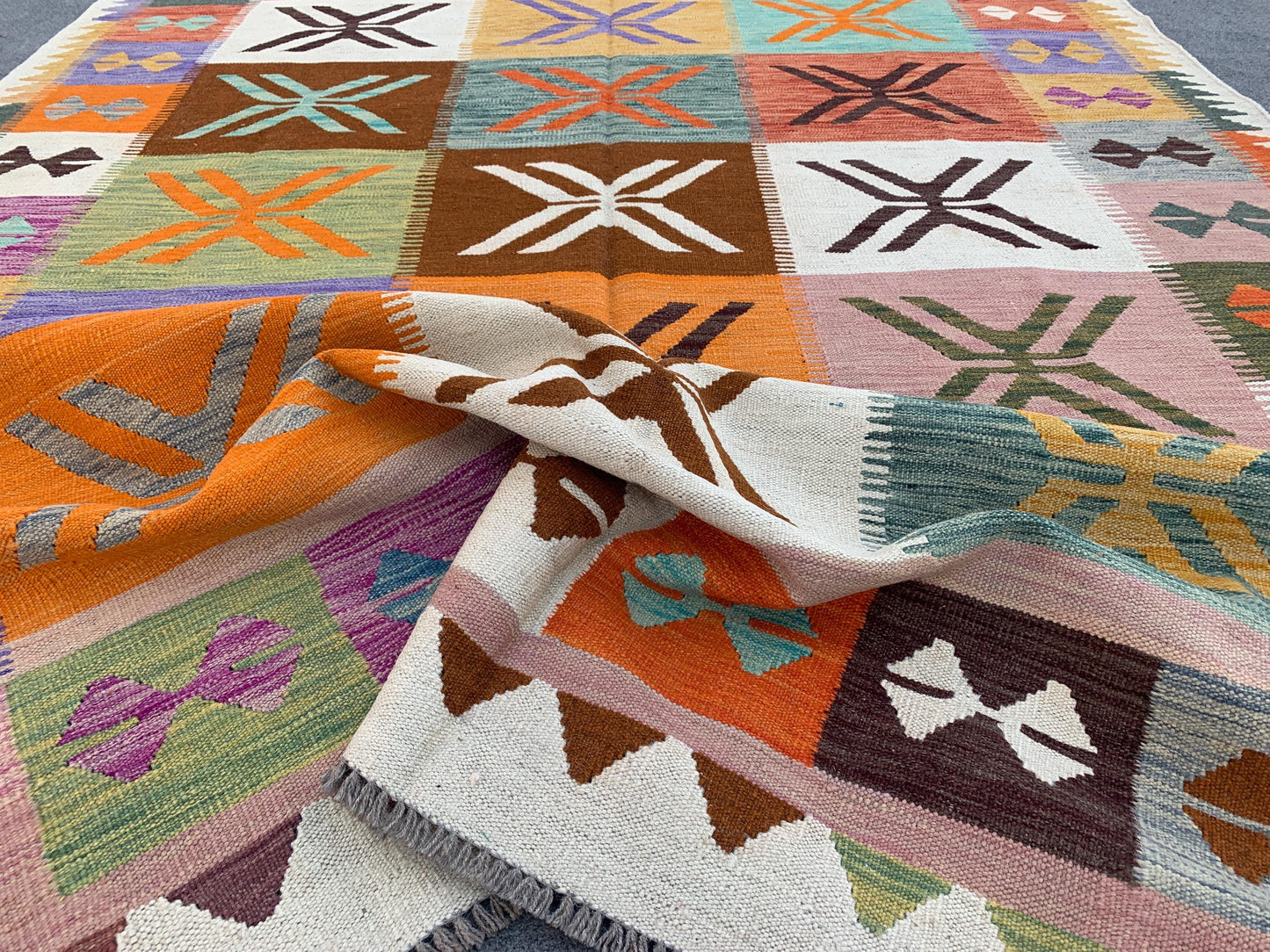 Afghan Maimana Soumak Kilim Rug 7x10 Hand Knotted Soumak Rug, Checkered design Rug, Home Decoration Rug Colorful Soumak Rug Living Room Rug.