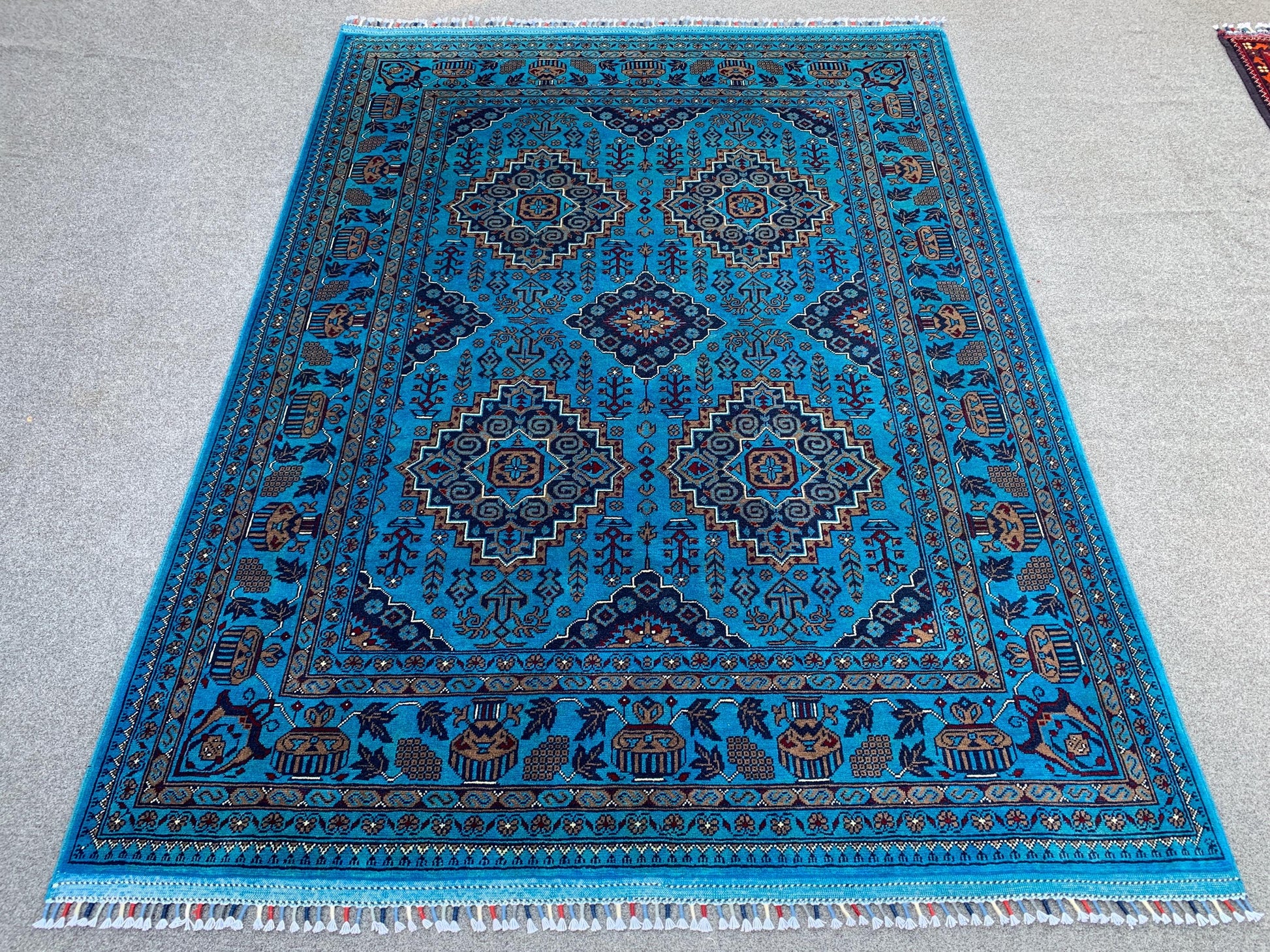 5x7 Ft Ocean Blue Afghan Rug, Natural Hand Knotted Rug, New Bukhara design Rug, Oriental Wool Rug, Fine Quality Rug, Bedroom Living Room Rug