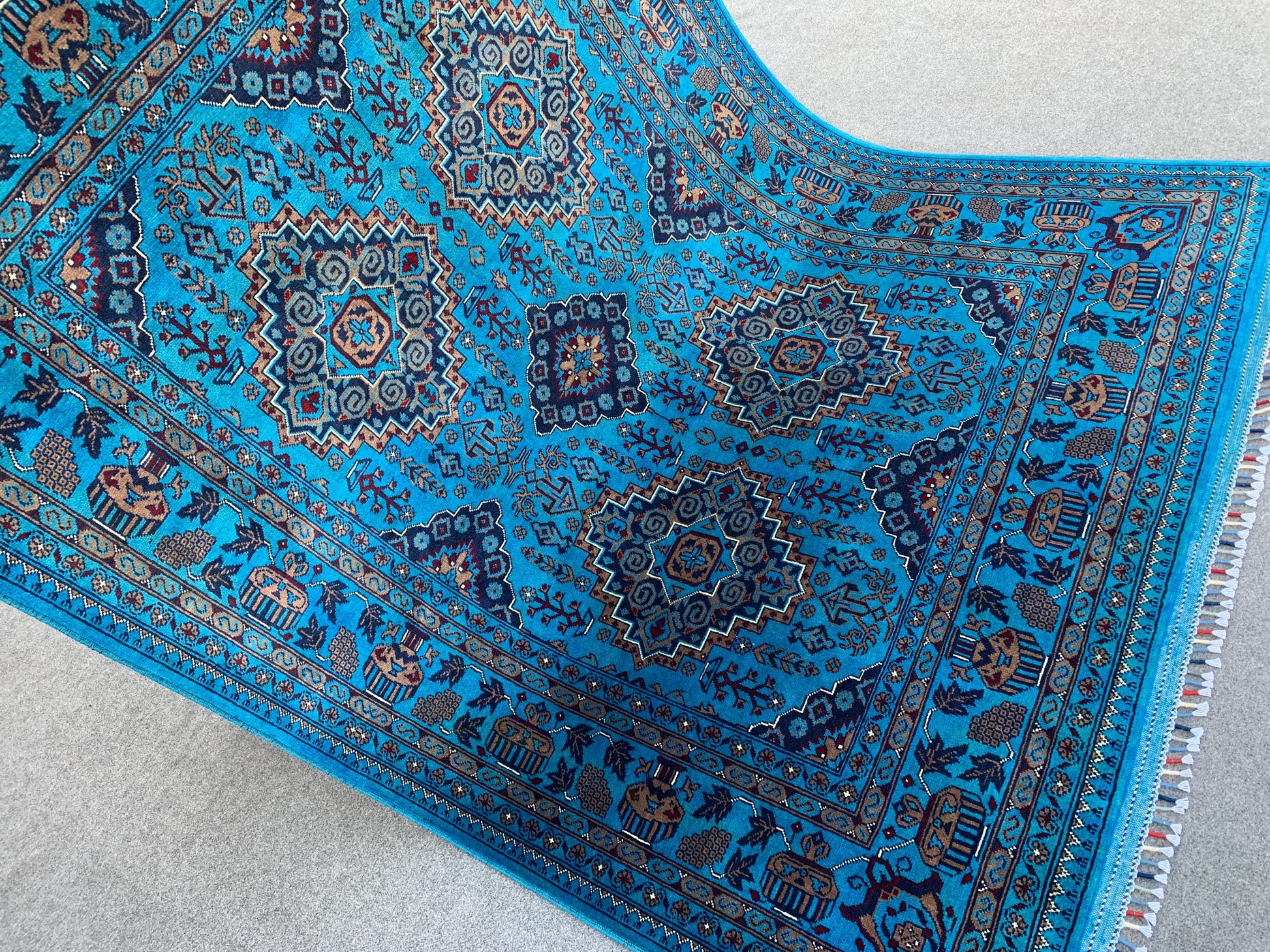 5x7 Ft Ocean Blue Afghan Rug, Natural Hand Knotted Rug, New Bukhara design Rug, Oriental Wool Rug, Fine Quality Rug, Bedroom Living Room Rug
