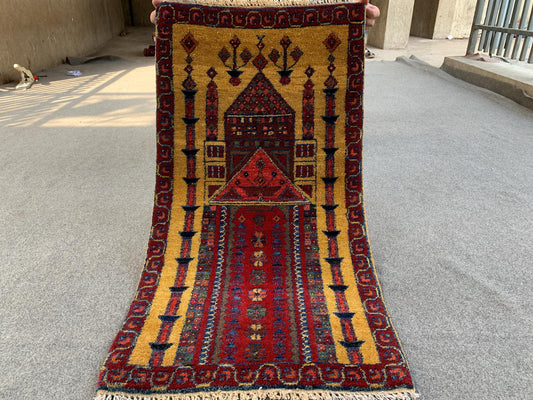 2x3 Ft Vintage Prayer Rug, Hand Knotted Prayer Rug, Afghan Prayer Rug, Oriental Wool Rug, High Pile Rug, Muslim Prayer Rug, Living Room Rug.