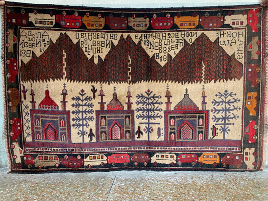 3x5 Ft Vintage Pictorial Baluchi Rug, Afghan Hand Knotted Rug, Oriental Wool Rug, Home Decor Rug, Best for Kids Room Rug, Bedroom Office Rug