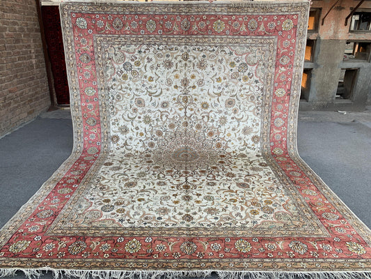 Amazing Large Afghan Silk Rug 9x12 Ft Salmon Ivory pink Hand knotted silk on cotton oriental floral Carpet, Traditional Rug, Living Room Rug