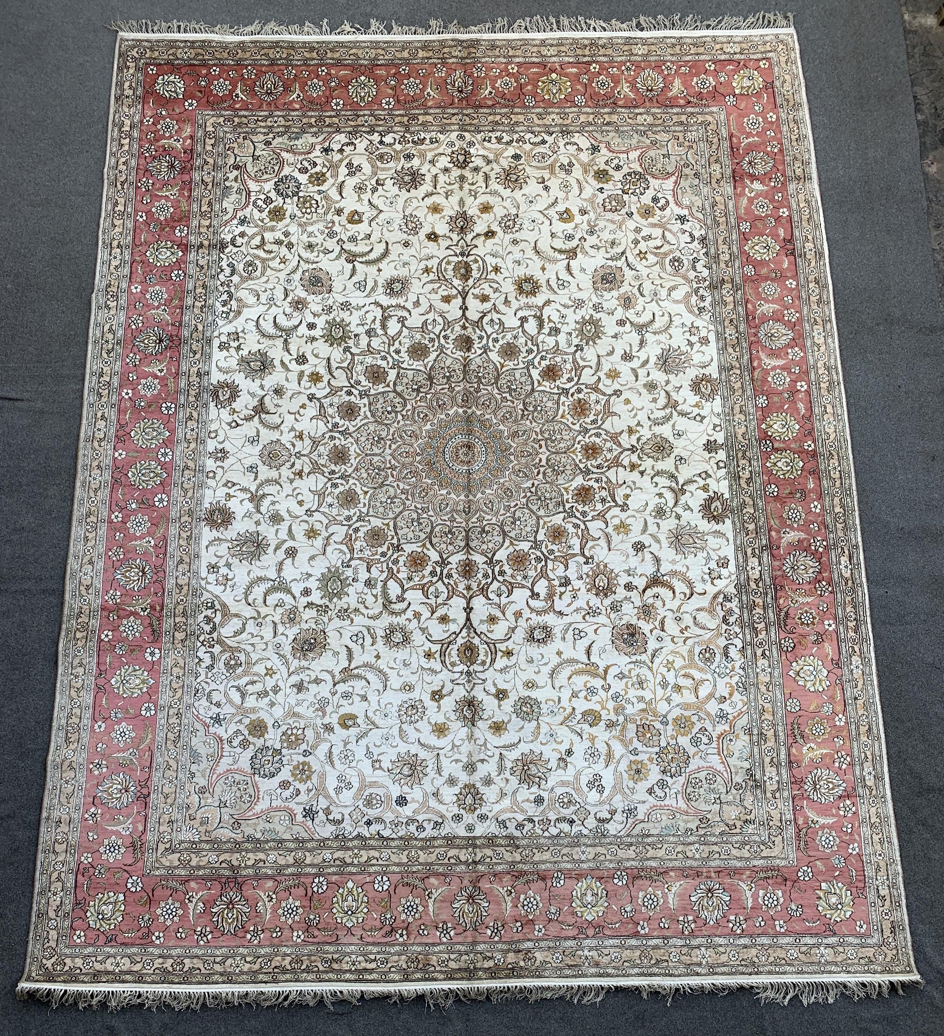 Amazing Large Afghan Silk Rug 9x12 Ft Salmon Ivory pink Hand knotted silk on cotton oriental floral Carpet, Traditional Rug, Living Room Rug