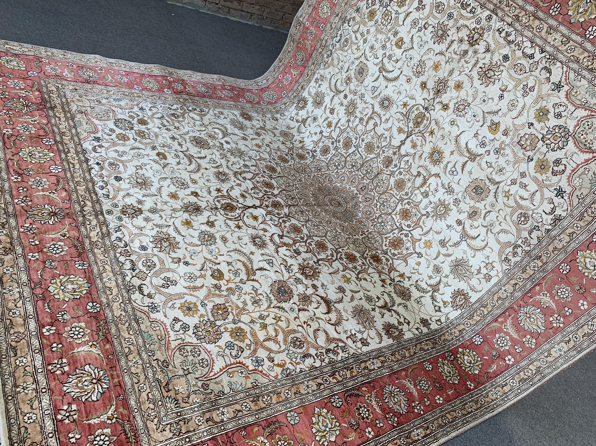Amazing Large Afghan Silk Rug 9x12 Ft Salmon Ivory pink Hand knotted silk on cotton oriental floral Carpet, Traditional Rug, Living Room Rug