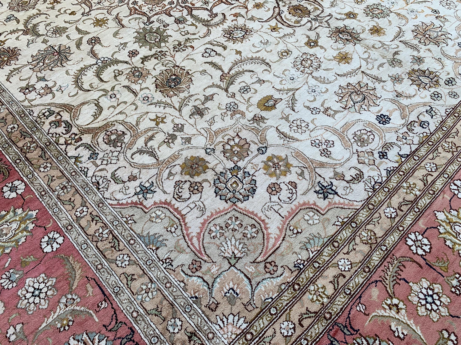 Amazing Large Afghan Silk Rug 9x12 Ft Salmon Ivory pink Hand knotted silk on cotton oriental floral Carpet, Traditional Rug, Living Room Rug