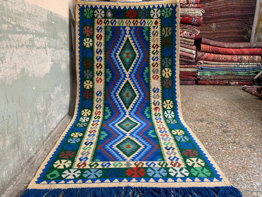 Chobi design kilim Runner Rug, Afghan Handmade kilim Rug, Geometric Wool kilim Rug, Turkmen Tribal Rug, Oriental Rug, Hallway Rug 3x7 Ft
