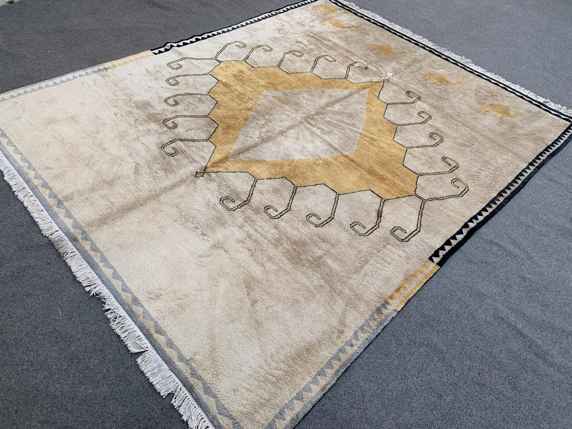 Beige Yellow Silk Rug 6x8 Ft Handmade Afghan Silk Rug, Geometric Area Rug, Turkmen Silk Rug, Soft Pile Rug, Rugs for Bedroom Living Room Rug