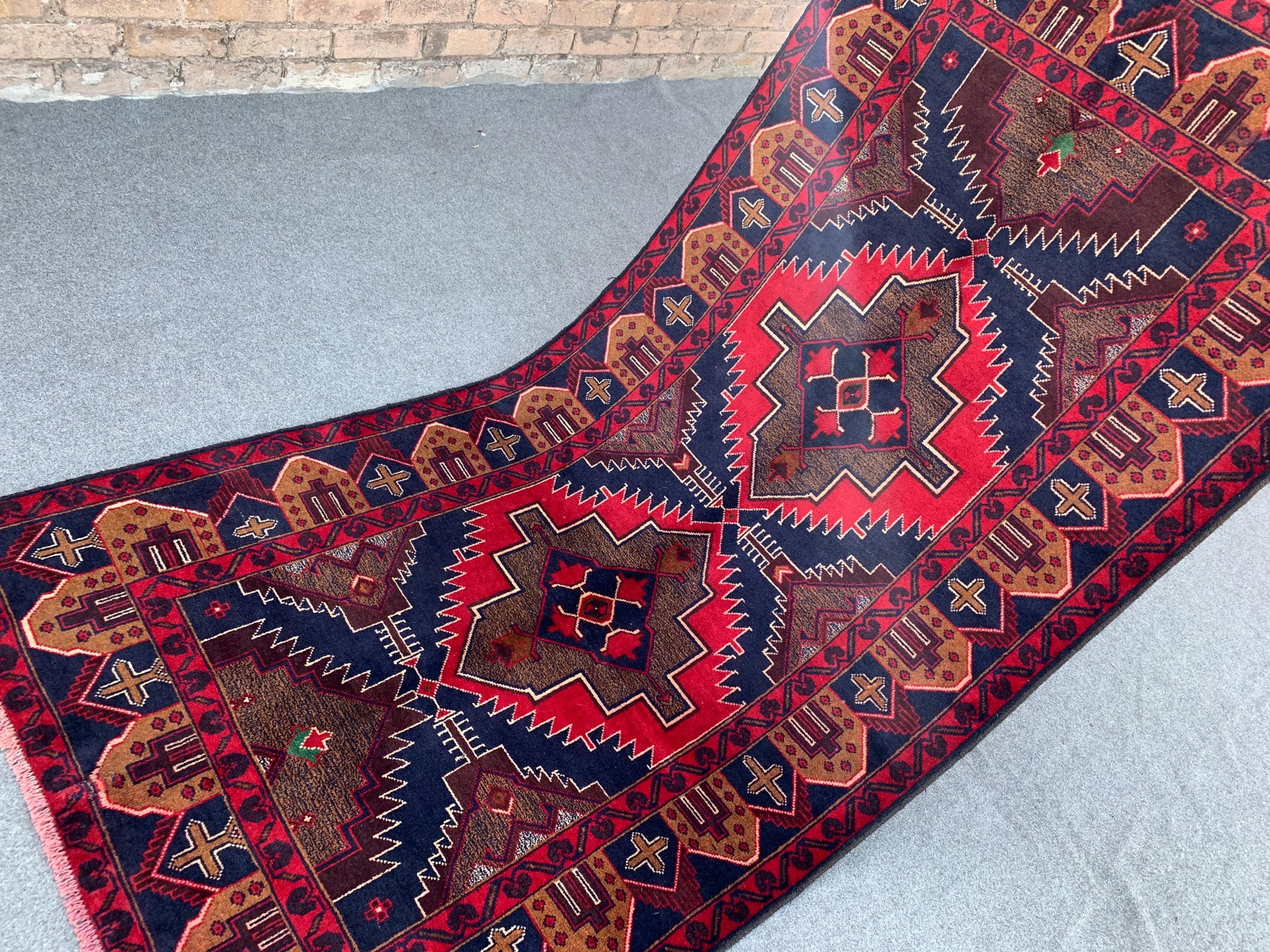 3x7 Ft Vintage Afghan Rug, Natural Hand Knotted Wool Rug, Navy Blue Red Rug, Geometric Area Rug, Oriental Rug, Rugs for Bedroom Hallway Rug.