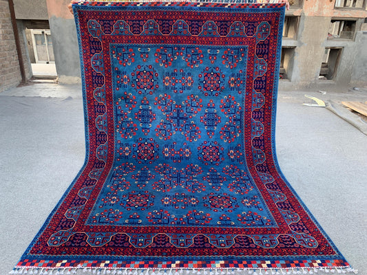 Amazing Bukhara Rug 5x8 Natural Handmade Afghan Rug, Fine Quality Rug, Good Pile Rug, Blue Red Rug, Best for Living Room Bedroom Office Rug,
