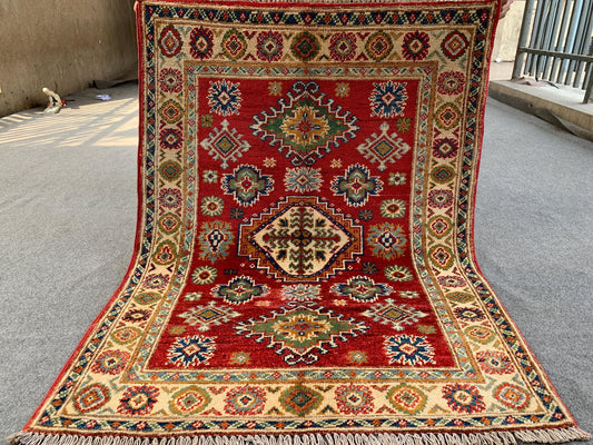 3x4 Vintage Kazak Rug, Afghan Handmade Rug, Geometric Area Rug, Oriental Wool Rug, Turkmen Tribal Rug, Rugs for Bedroom Kitchen Hallway Rug.